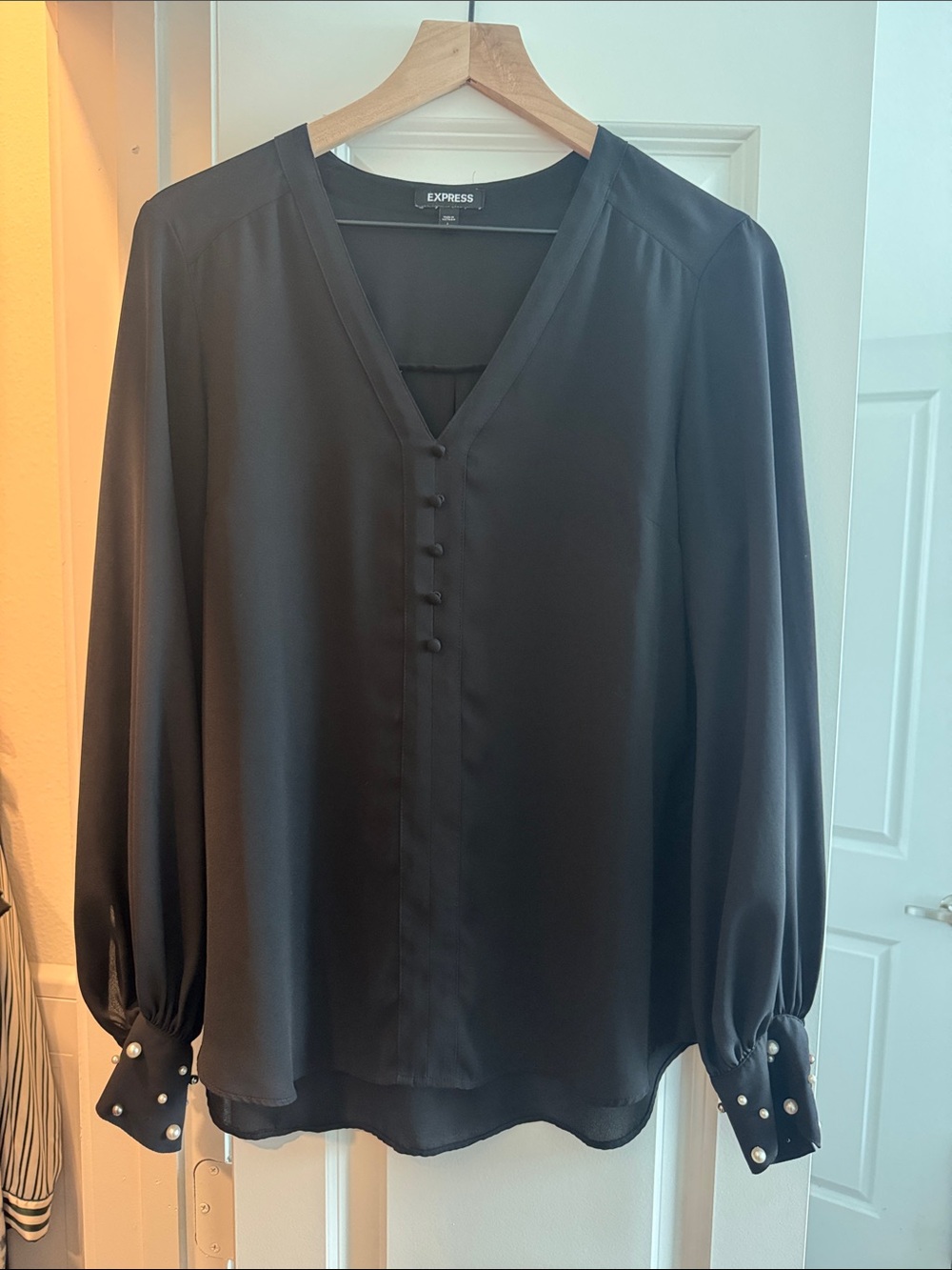 Express Black V-Neck Button-Front Blouse with Pearl Cuff Detail